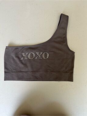 One-Shoulder Brown Rhinestone XOXO Crop Top